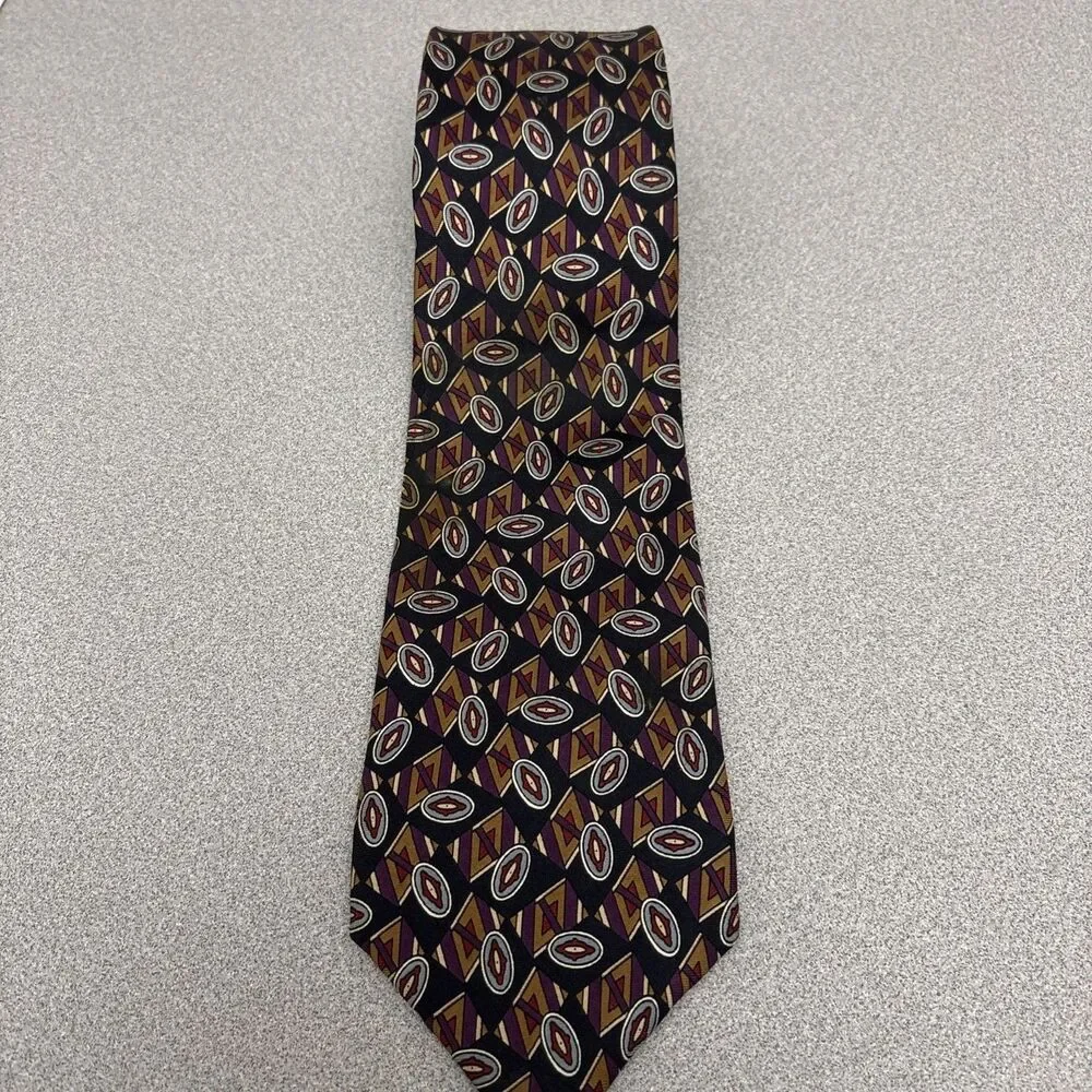 Vintage Sutter & Grant 100% Silk Necktie, Black/Brown/Burgundy Geometric Print